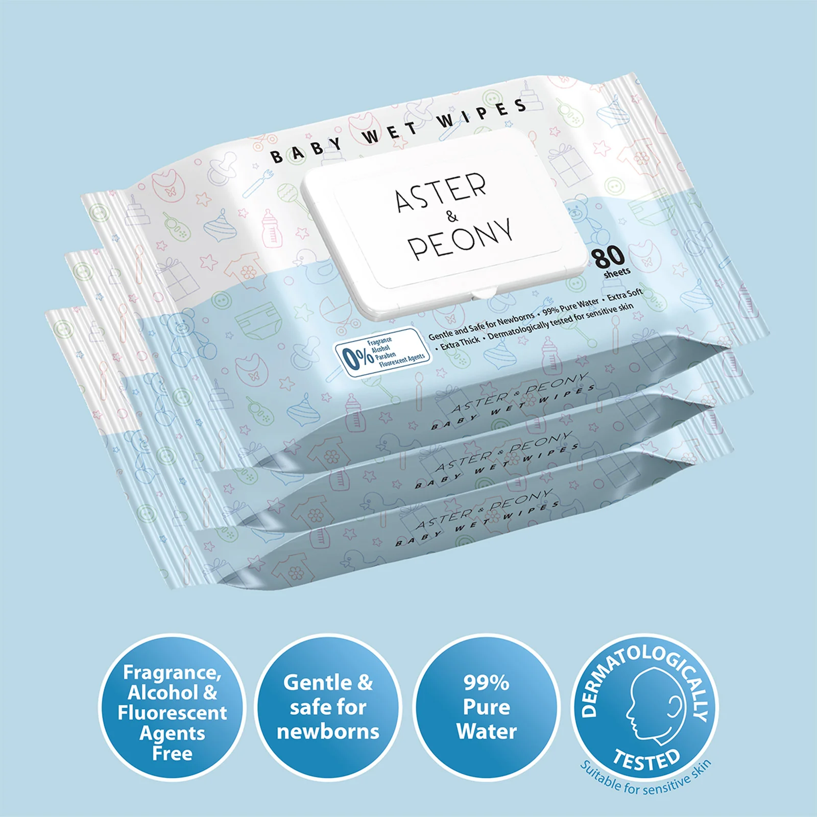 Aster & Peony Baby Wet Wipes 80 sheets x 3 - Image 3