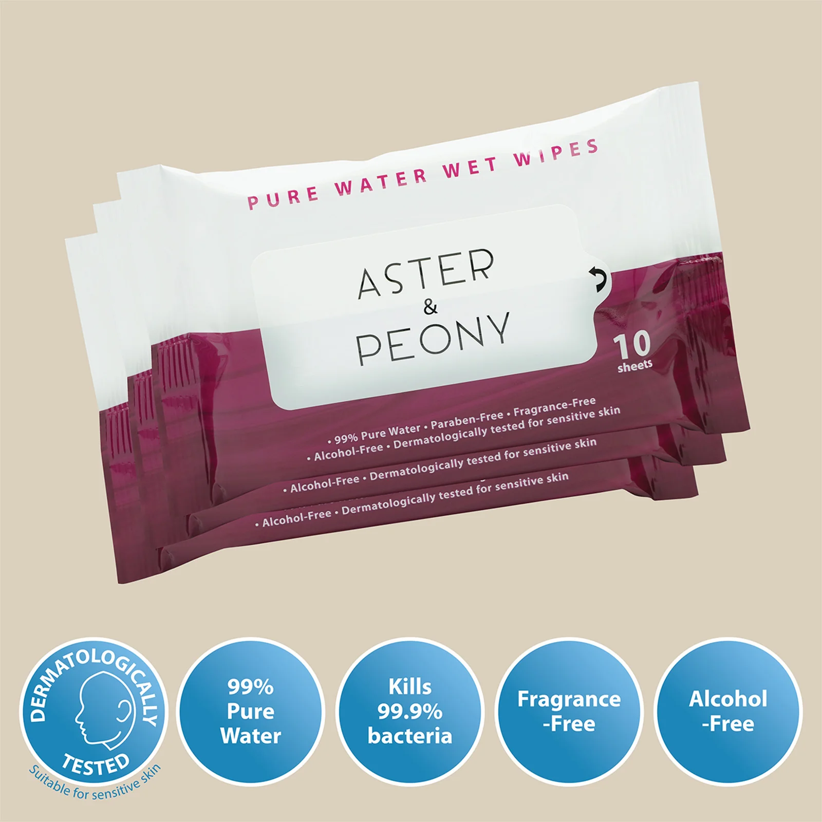 Aster & Peony Pure Water Wet Wipes 10pcs x 3 - Image 2