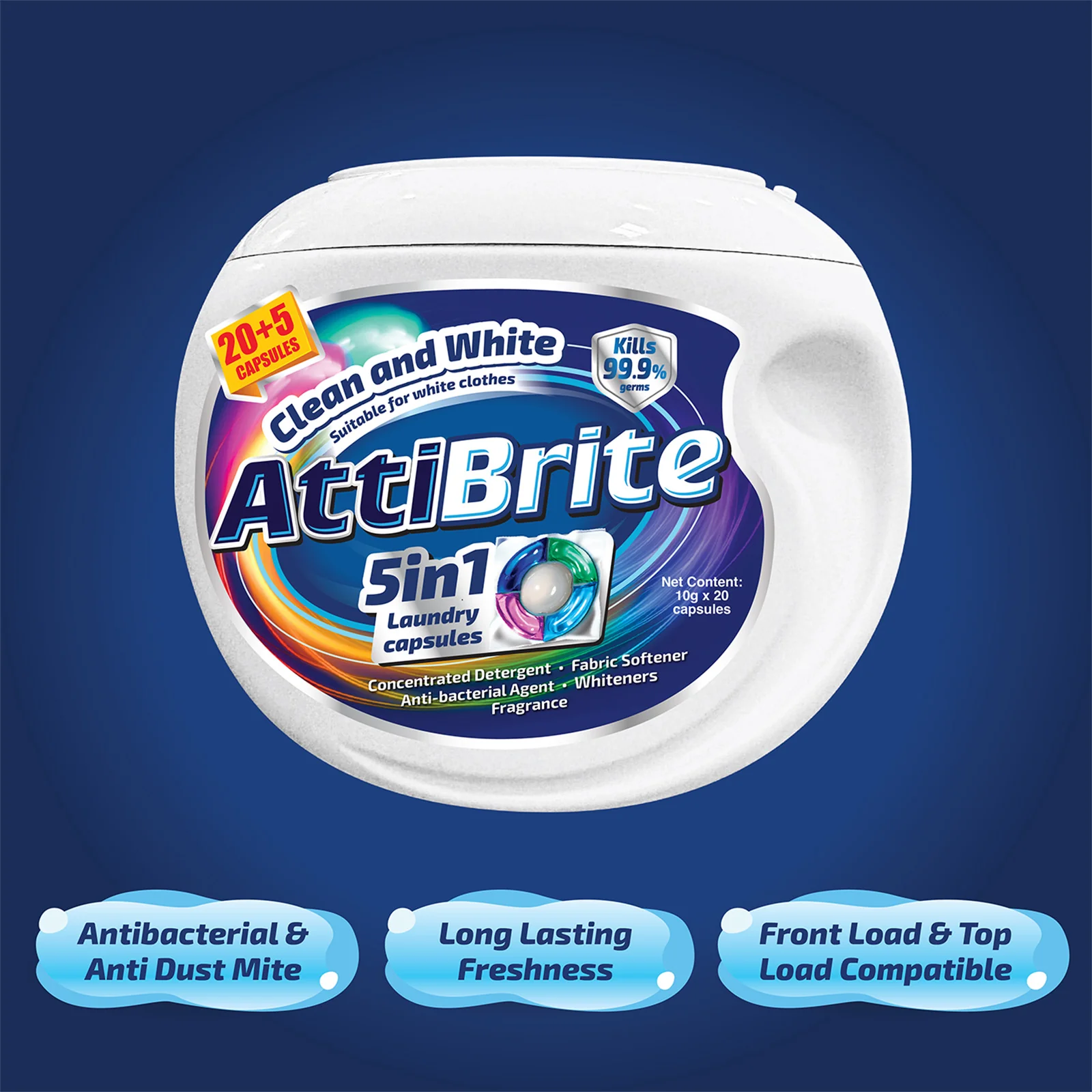 Attibrite Laundry Capsules Clean & White 10g x 20 - Image 2