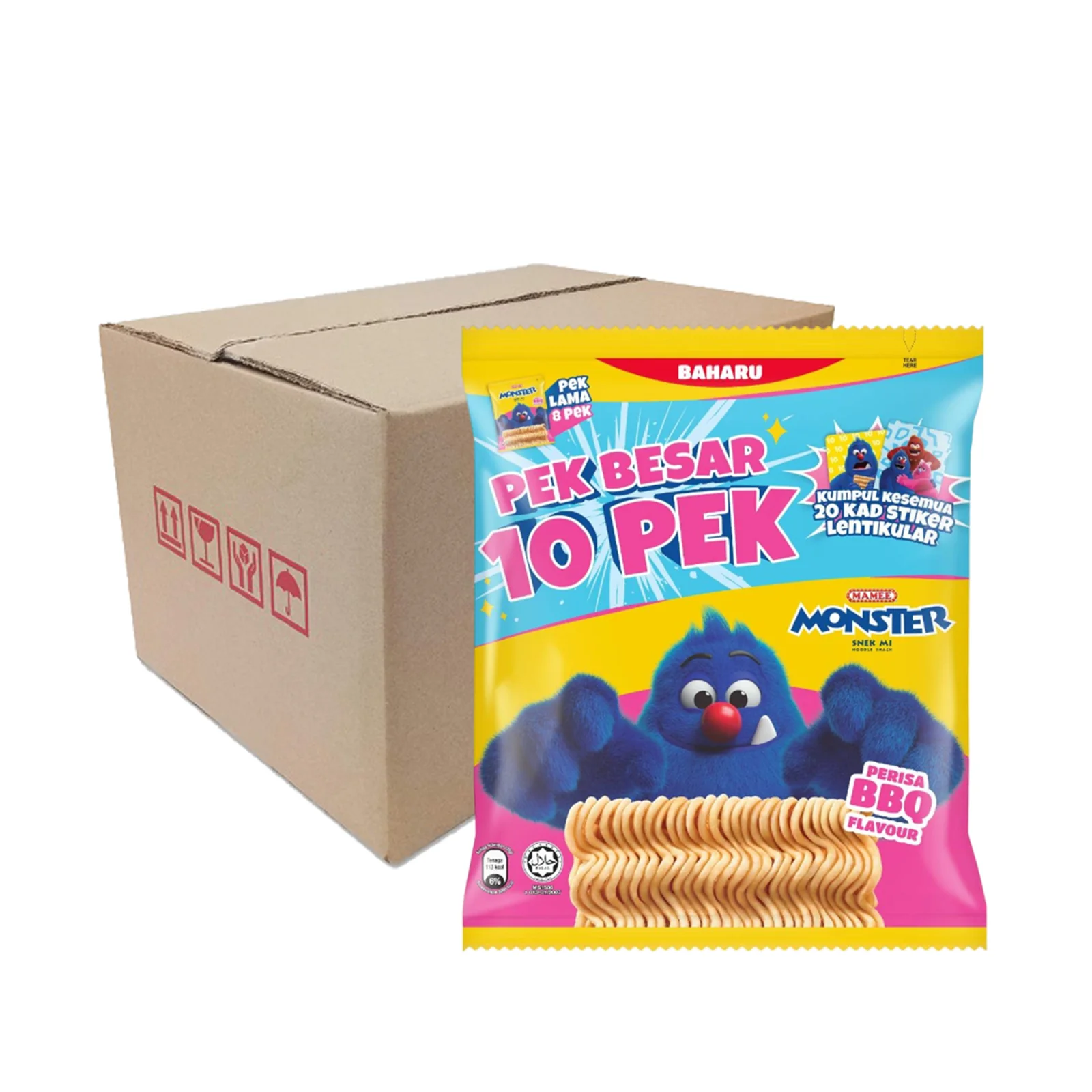 Mamee Monster Noodle Snacks BBQ Flavour Family Pack 20g x 10 - Image 2