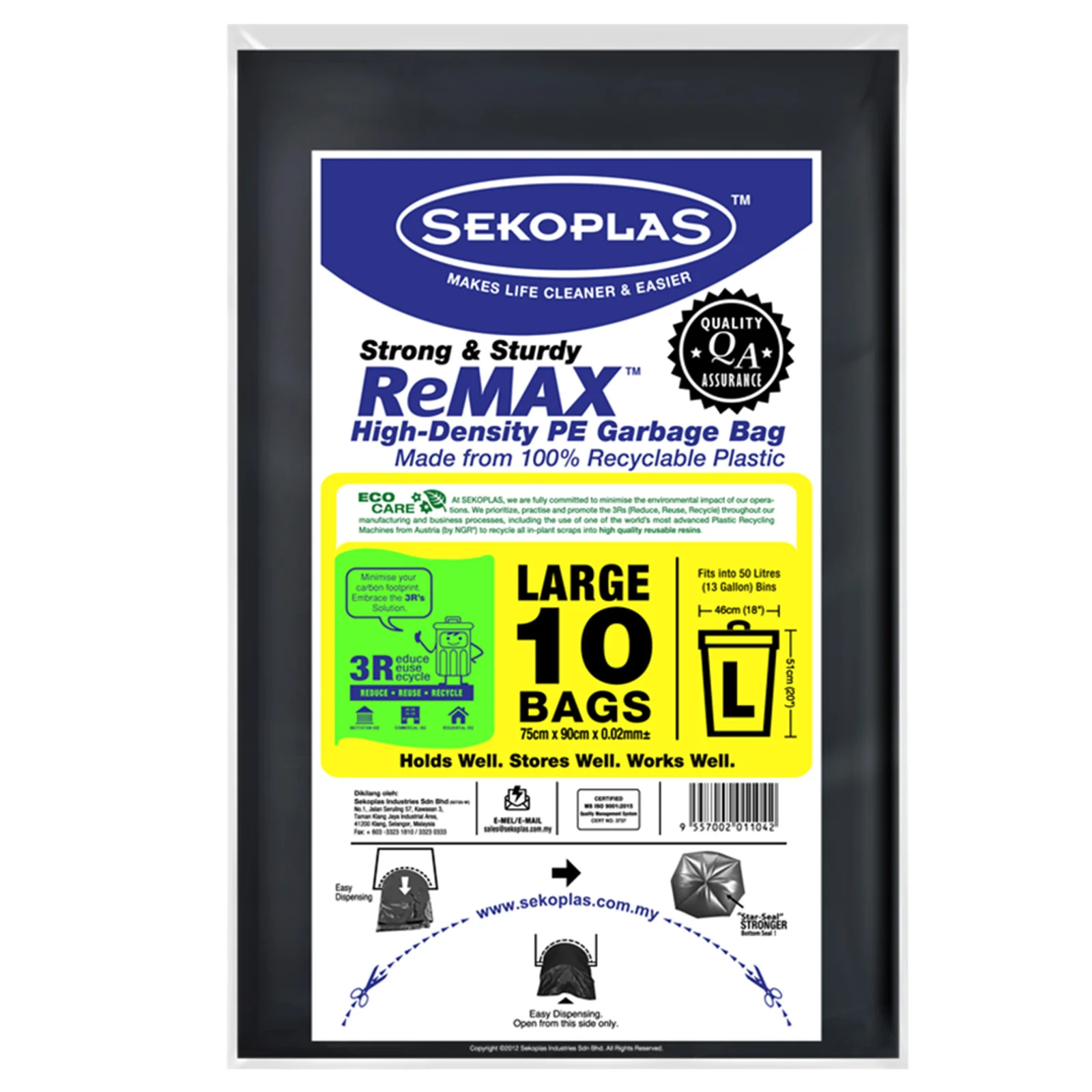 Sekoplas Remax High-Density PE Garbage Bag (Large) (75 X 90cm) 10pcs/pack - Image 2